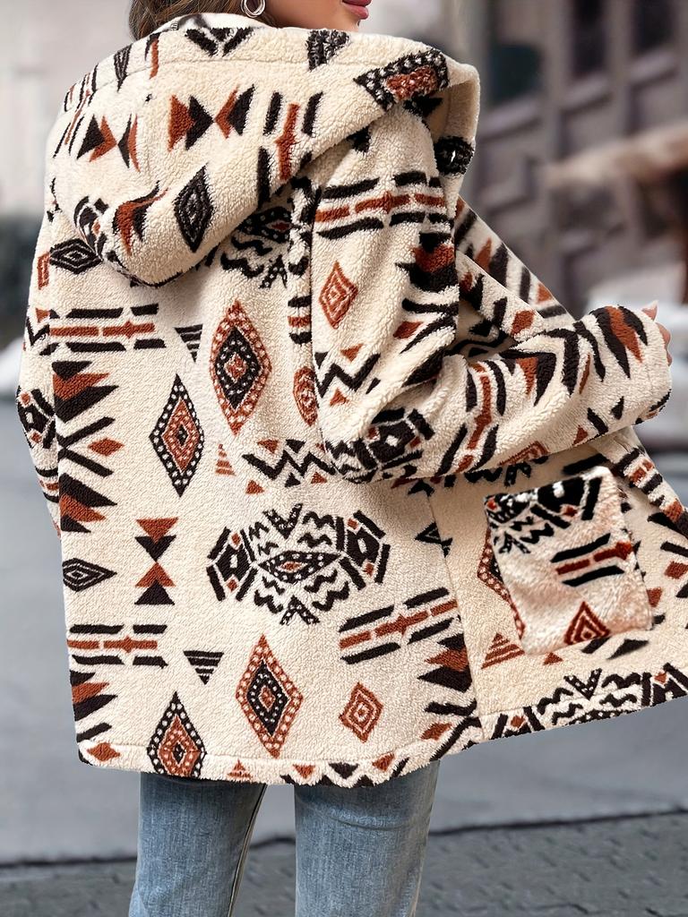 Women's Aztec Geometric Print Hooded Fleece Coat - Mid-Length Casual Winter Jacket with Front Pockets, Machine Washable & Single-Button Closure