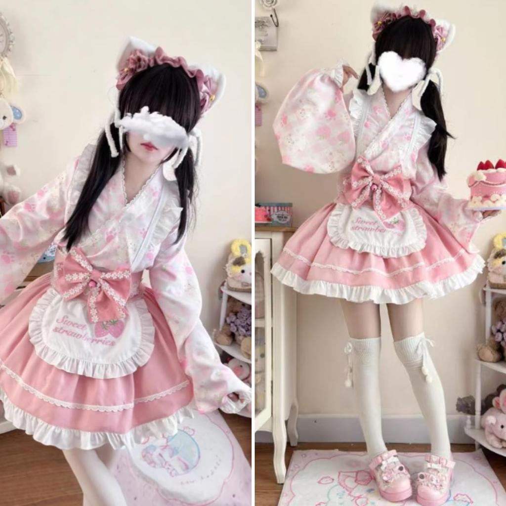 Uccellino Maid Outfit with Moe Lolita Kimono Apron with Gothic Strawberry Halloween Cosplay Japanese-Style Sleeves, Ribbon, Design, (Blue, L)