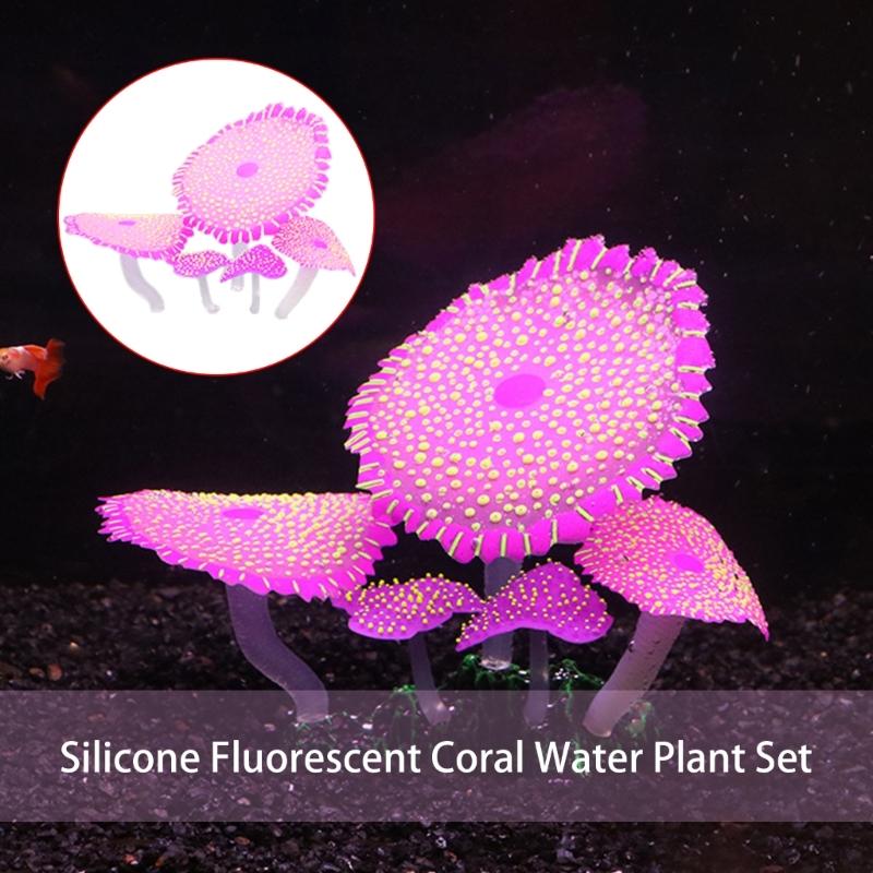 Set aus 4 fluoreszierenden Korallenmoos-Aquariendekorationen in leuchtenden Farben mit lebensechten Details, sicheren und farbintensiven Landschaften