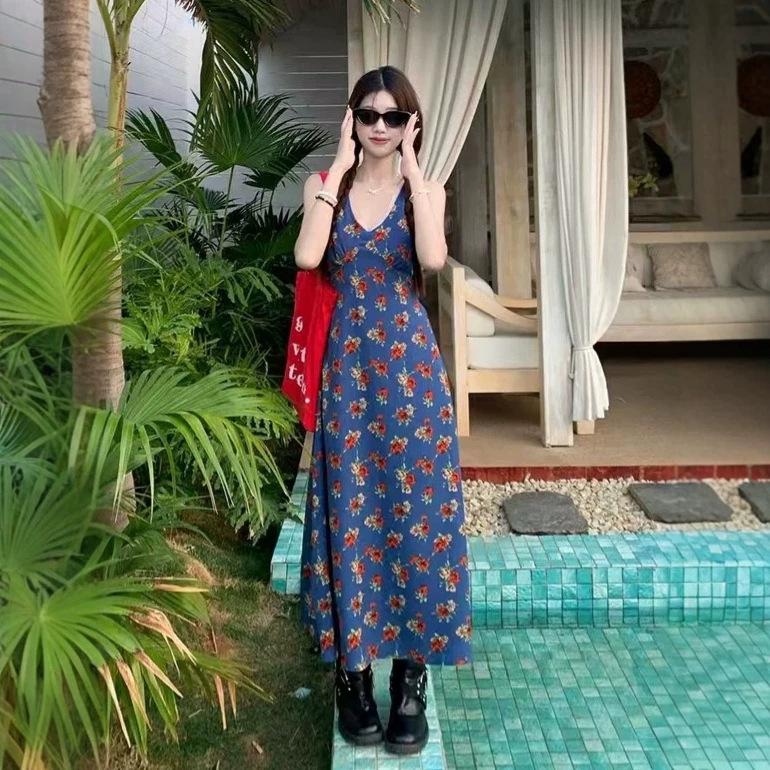 French Retro Floral V-neck Suspender Dress Children's Summer Small Waist Temperament Sleeveless Vest Long Dress