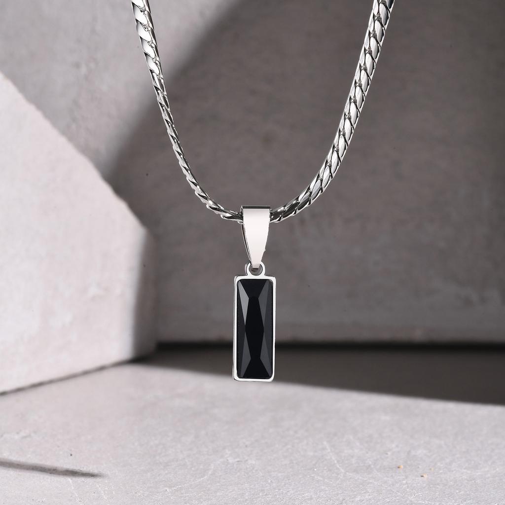 Vnox Men's Stainless Steel Flat Cuban Chain Adjustable Necklace with Square Black Zircon Pendant, Hip Hop Jewelry Gift for Him