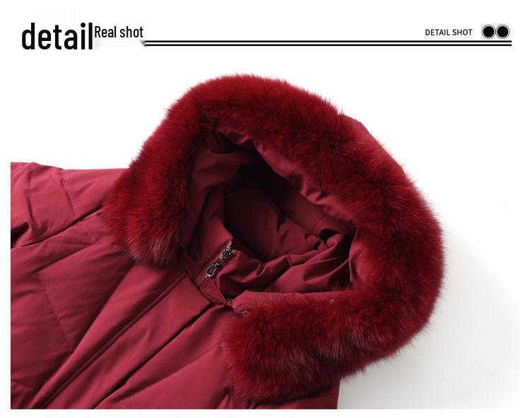 Dámská péřová bunda střední délky v korejském stylu s límcem z pravé kožešiny - Módní pro střední a starší věk