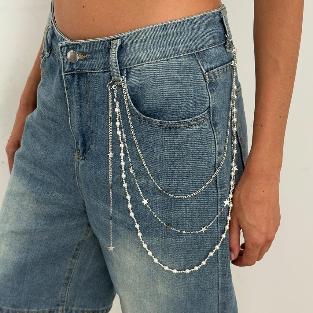 Hip-Hop Pentagram-Shaped Fringed Multi-Functional Trouser Chain, Personalized Imitation Pearl Multi-Layer Waist Chain Pendant