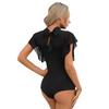 Womens Cha Cha Costume Mesh Ruffles Short Sleeve Leotard Adjustable Back Tie Design Stage Dancewear