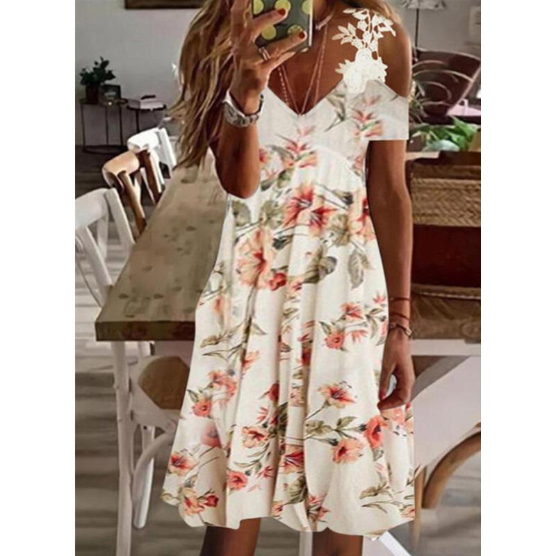 Vestido de Verano con Hombros Descubiertos de Encaje y Manga Corta Nuevo Estampado Holgado Casual Vestidos de Fiesta Moda Femenina Elegante Línea A Talla Grande Ropa Dulce