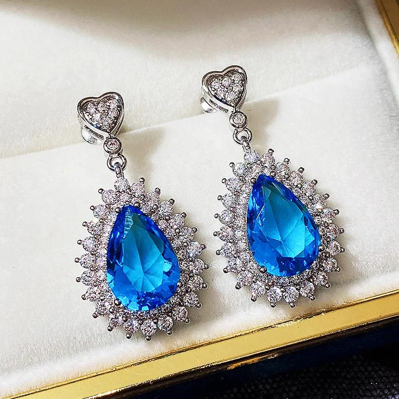 Sweet And Luxurious Jewelry, European And American Sparkling Personality, Bride'S Wedding, Blue Zircon Earrings