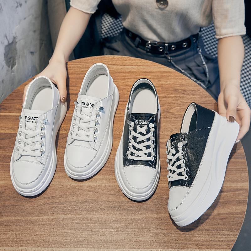Directly from the Manufacturer 2025 New Thick-soled Heightening Little White Shoes Women's Korean Version Ins Muffin Bottom One Pedal Casual Shoes