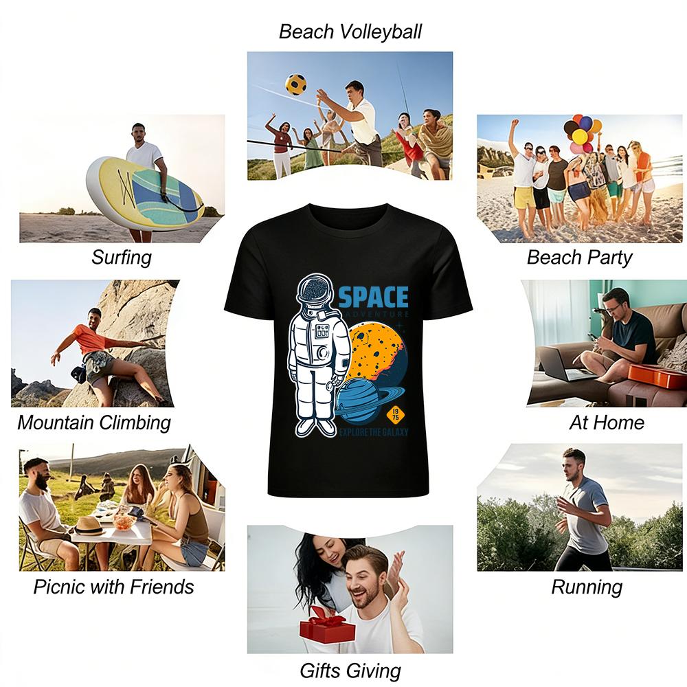 Vintage Space Adventure Astronaut Print Tee Explore Galaxy Casual Top Pure cotton T-shirt