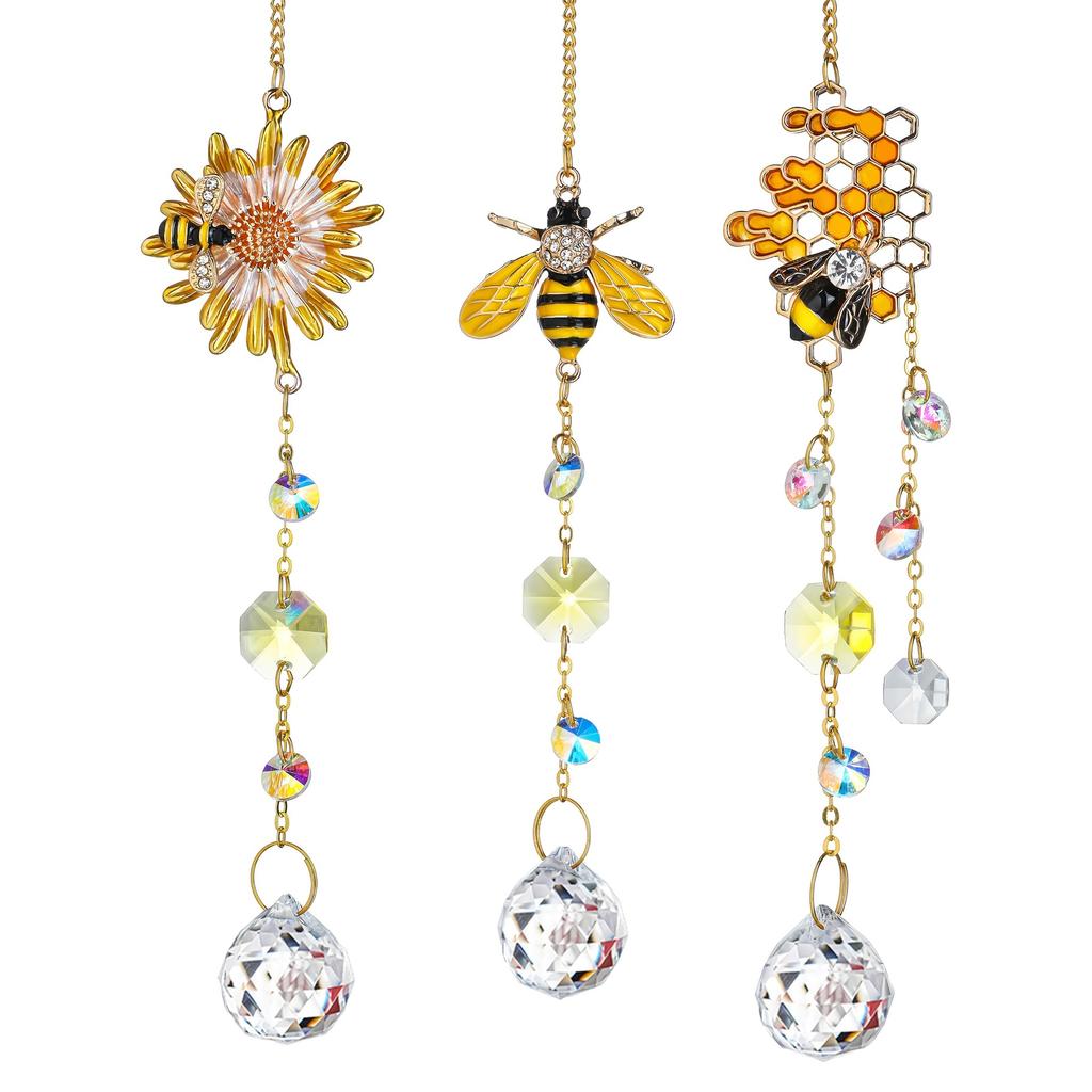 Hanging Crystal Suncatcher Bee Daisy Honeycomb Ornament Crystal Prism Rainbow Maker Window Garden Decorative Holiday Present