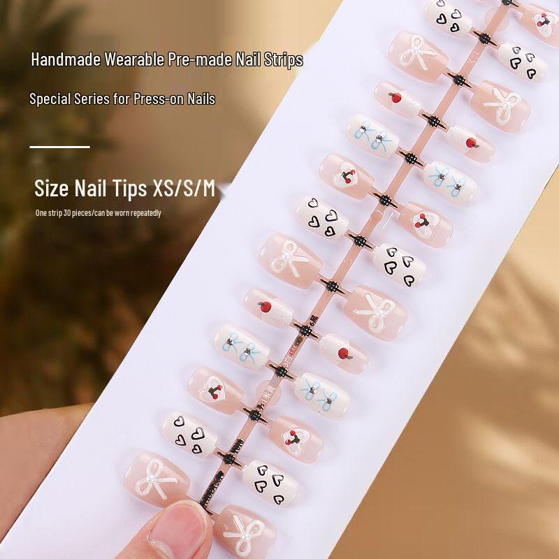 

Douyin Trendy Cherry Love Armor Nail Art Set: 30 Removable Pre-Made Student Nail Strips