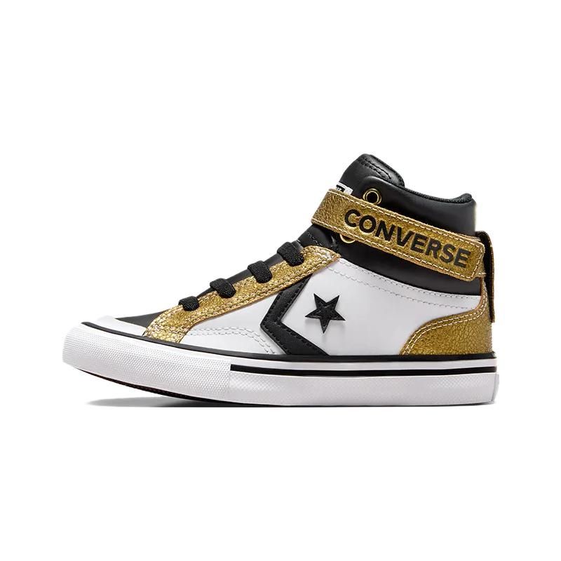 Converse Pro Blaze Strap Comfortable Versatile High Top Kids Basketball Shoes Kids Sneakers Black Gold White A05523C