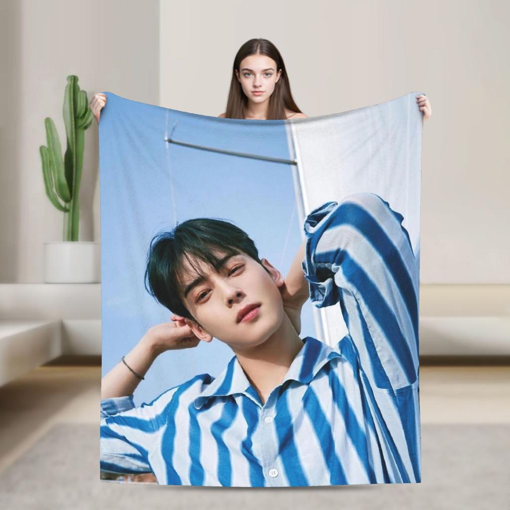 Cha Eun-woo Blankets  Warm Street Trend Plush Throw Blanket For Bedroom Picnic Flannel Bedspread Bed Cover