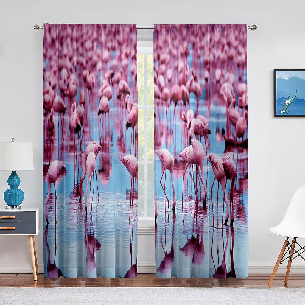 Rote Flamingos Kirschblüten Mond Tüll Vorhänge für Wohnzimmer Schlafzimmer Dekor Chiffon Transparent Voile Vorhang Küchenfenster Vorhänge