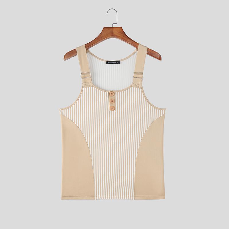 INCERUN Men Summer Sleeveless Striped Casual Sport Tank Tops Vest S хаки