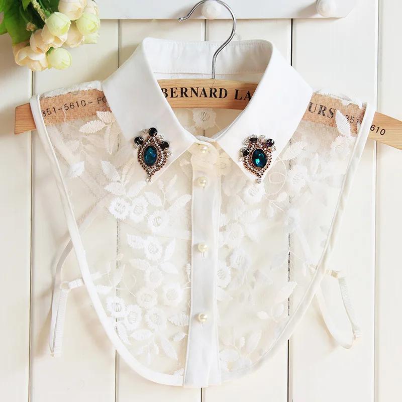 Linbaiway Embroidery Cotton Fake Collars for Women Removalbe False Collar Blouse Rhinestone Clothes Female Detachable Neckwear