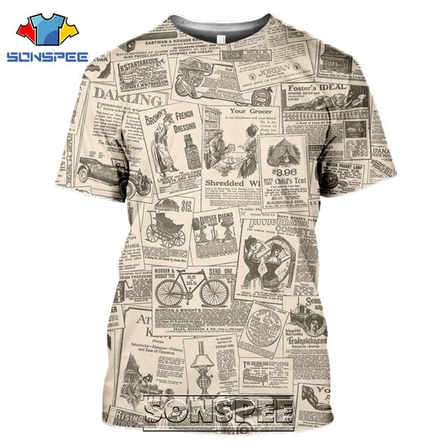 Staré noviny Trička 3D tisk Muži Ženy Ležérní Móda Hip Hop Legrační Krátký rukáv Streetwear Vintage topy Košile