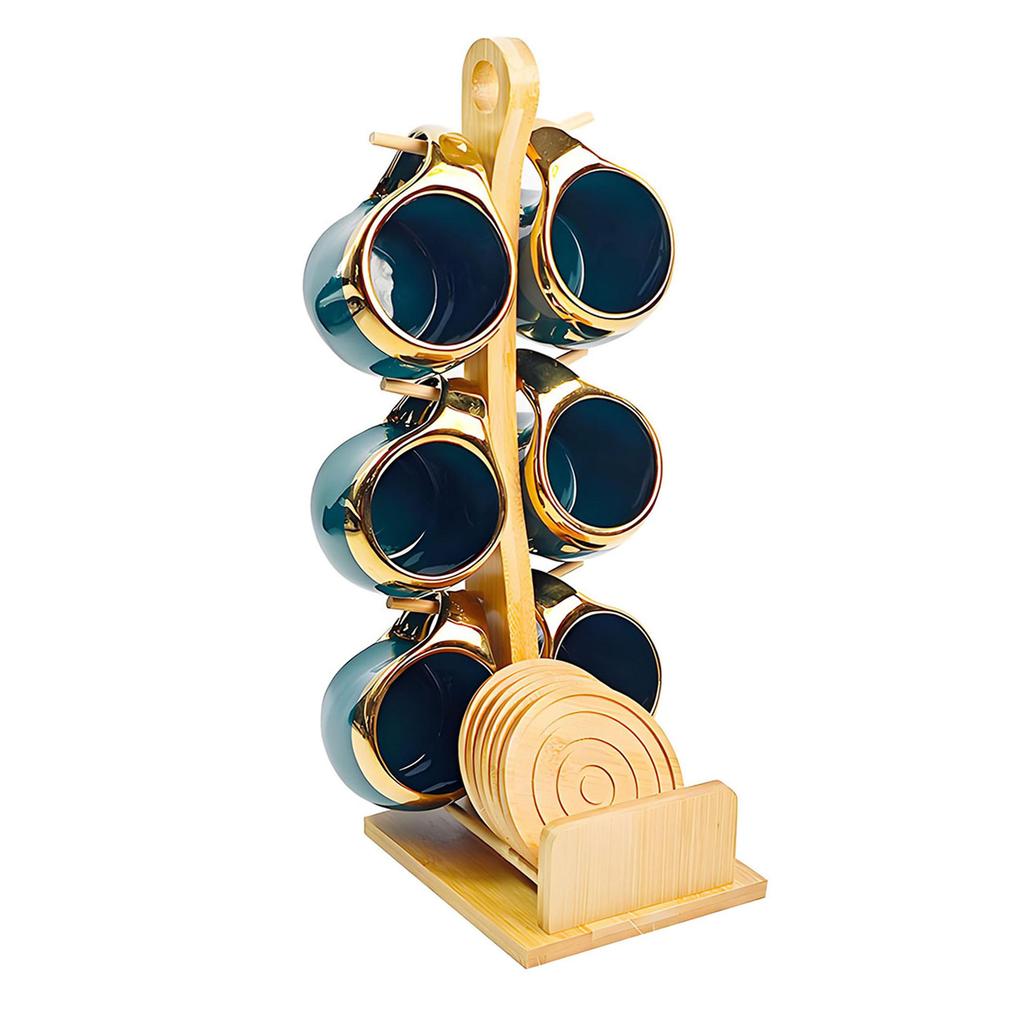Nordic Style Ceramic Coffee Mug Set with Natural Bamboo Tree Cup Holder and Non-slip Coasters Stylish Kitchen Organizer for Tea and Coffee Home Decor