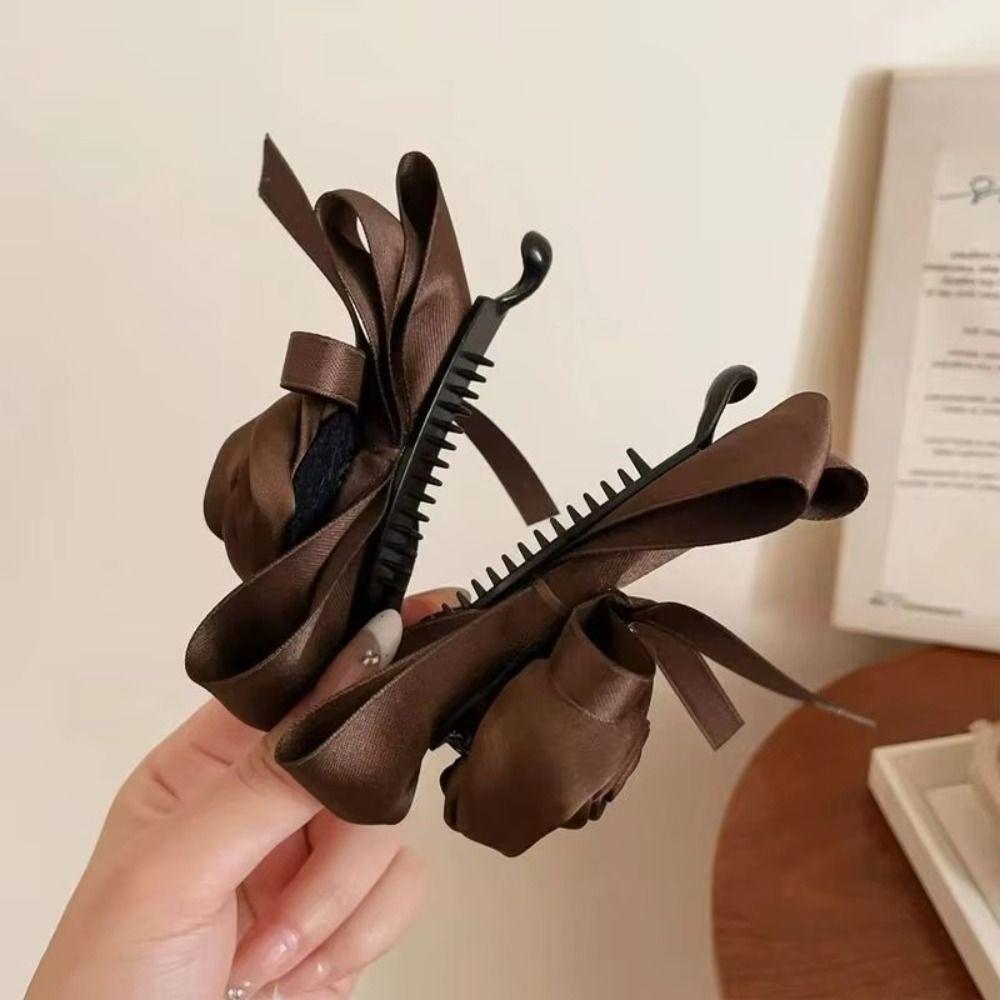 Jaw Clip Style Rose Hair Clip Satin Ribbon Ponytail Hair Claw Retro Rose Banana Clip For Women
