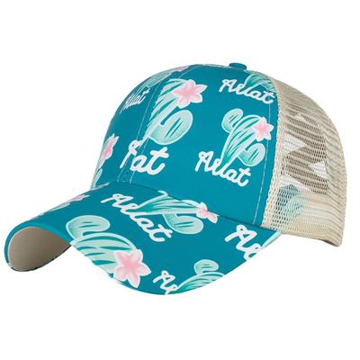 Cactus Pattern Mesh Cap Ponytail Hat Casual Outdoor CZA003 Women's (Blue)