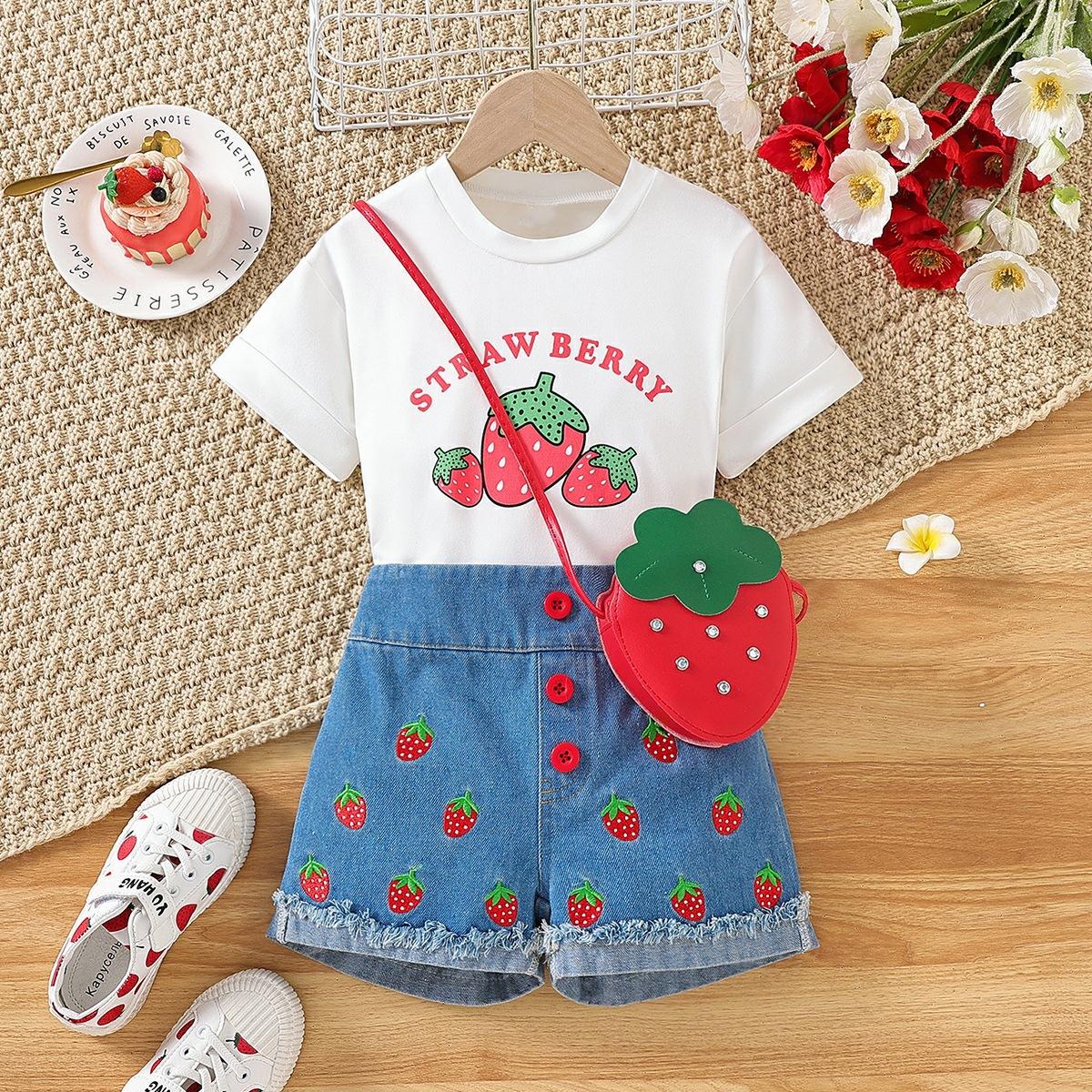 Girls Summer Short Sleeve Round Neck Strawberry Print T Shirt with Denim Shorts Set 90