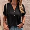 Women Summer Spring Fashion Casual Short Sleeve V Neck Button Blouse Shirts Solid Color