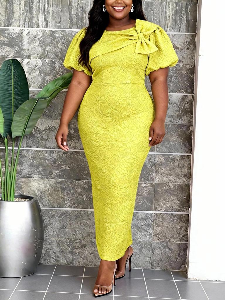 Plus Size Women's Jacquard Bowknot Puff Sleeve Slimming Party Dress