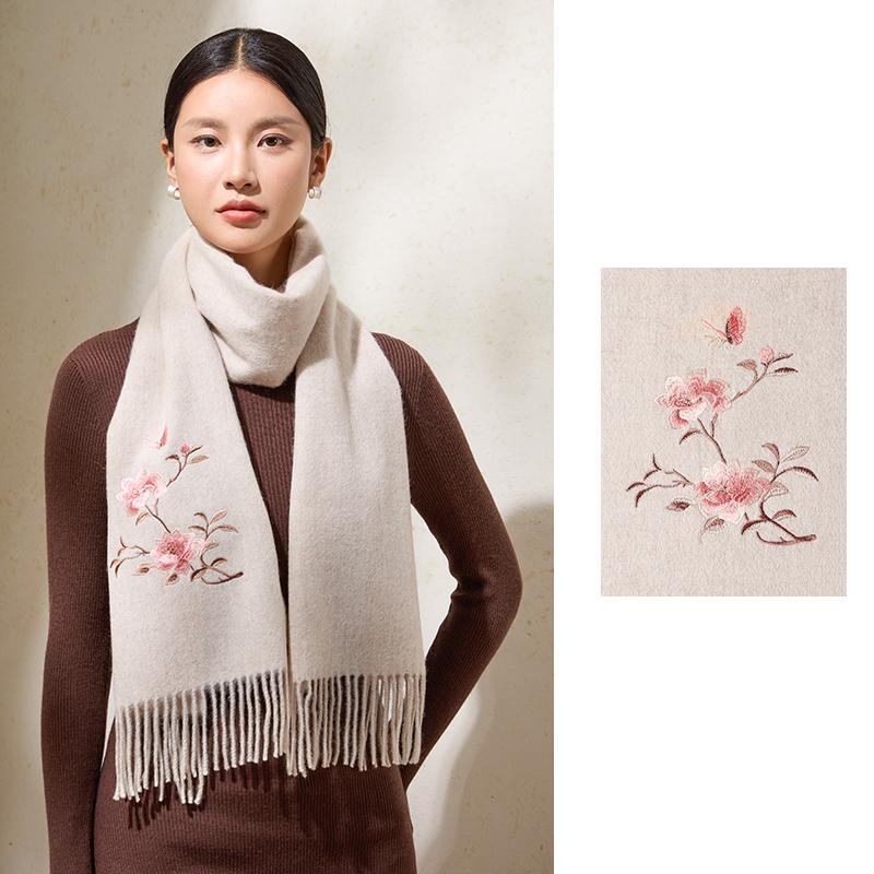 100% Wollschals Damen Winterschals Wickel Grauer Pashmina Warmer Chinesischer Suzhou-Stickerei Roter Schal Echarpe Femme 180X30cm