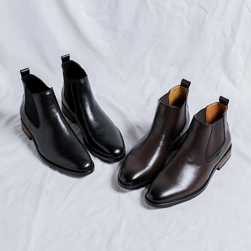 Black British Chelsea Men's High Top Simple and High-end Casual Business Formal Pointed Leather Boots