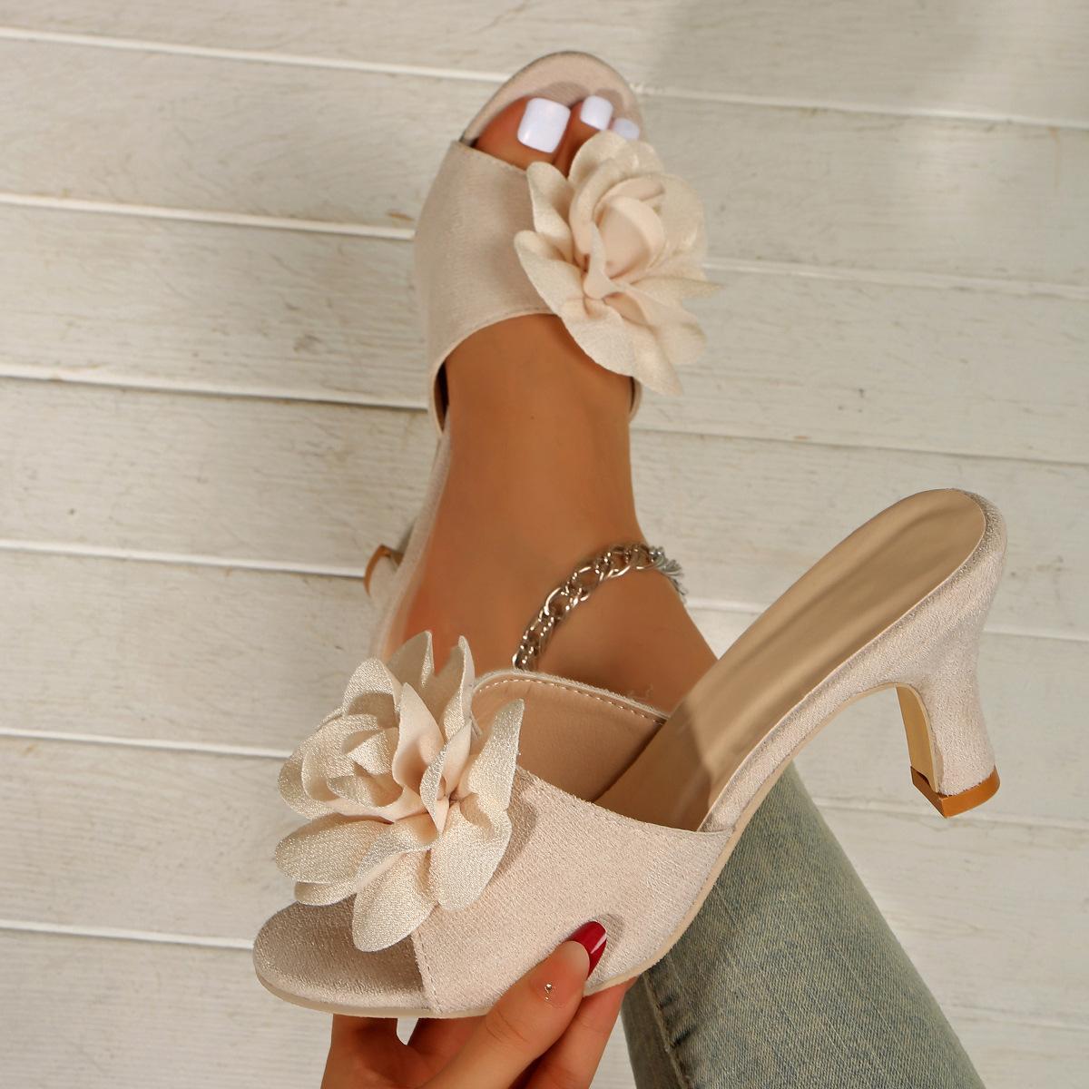 

French Elegant Black Flower Slippers for Women Chunky High Heel Round Toe Slip-on Fashion Sandals Size 36-43 Sandalias De Mujer 43 бежевий