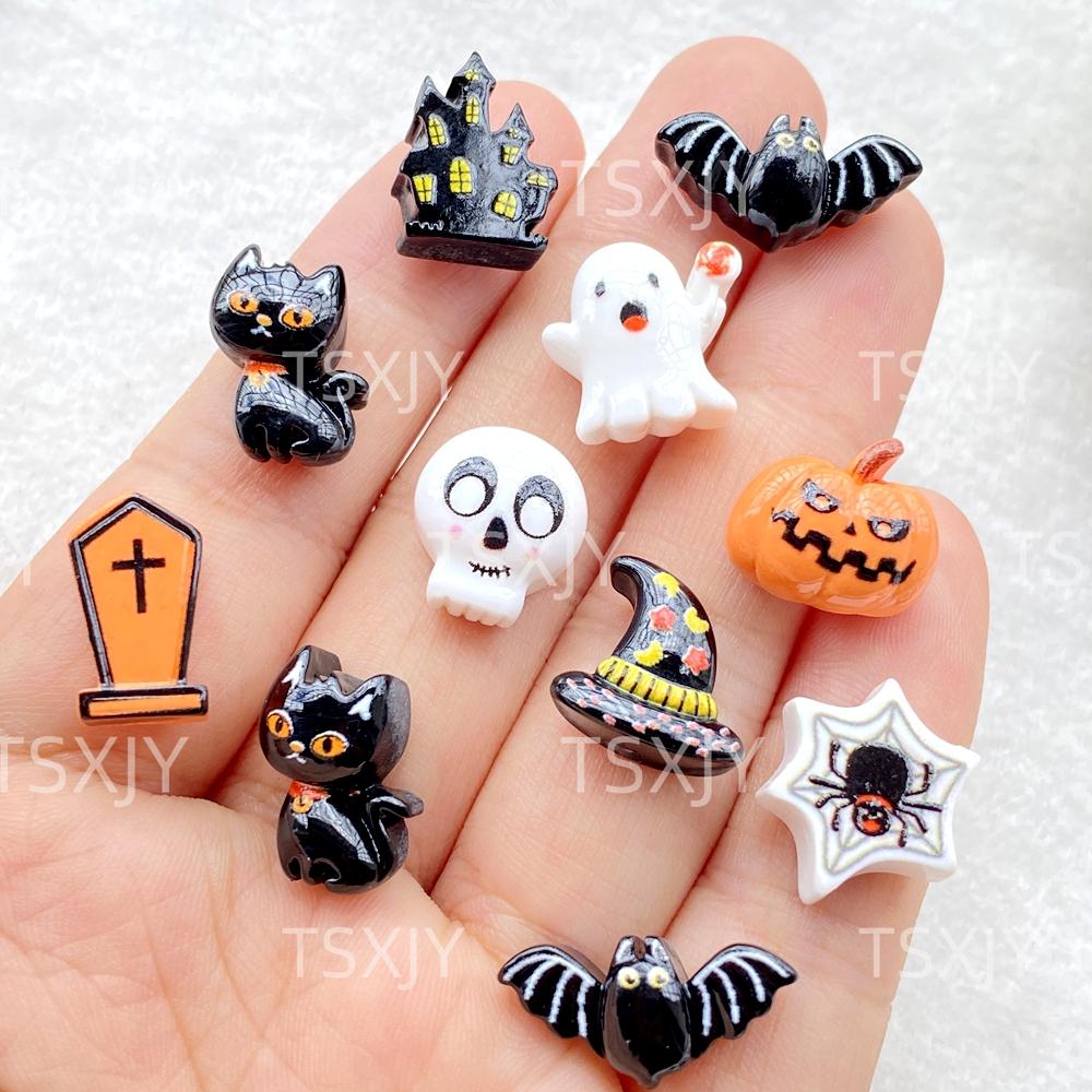 20 Stück Harz Bunt 3D Cartoon Halloween Schädel, Fledermaus, Geist, Schwarze Katze, Spinne Figur Dekoration DIY Halloween Scrapbooking Bastelarbeiten