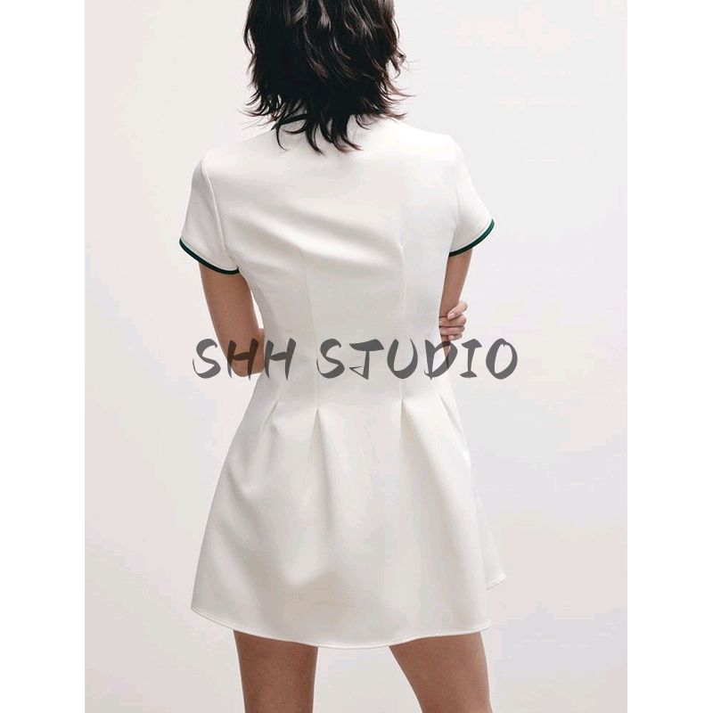 Women's Spring Clothing French Style Preppy Style Lapel Short Sleeve Wavy Style Wide Hem Rib Short Dress 4661306