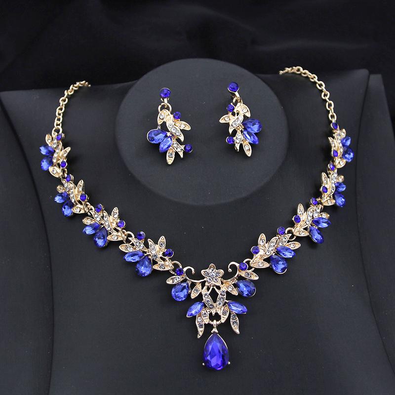 Exquisite 2 Pcs Set Flower Pink AB Crystal Bridal Wedding Jewelry Sets for Women Dangle Earrings and Necklace Sets Blue Green