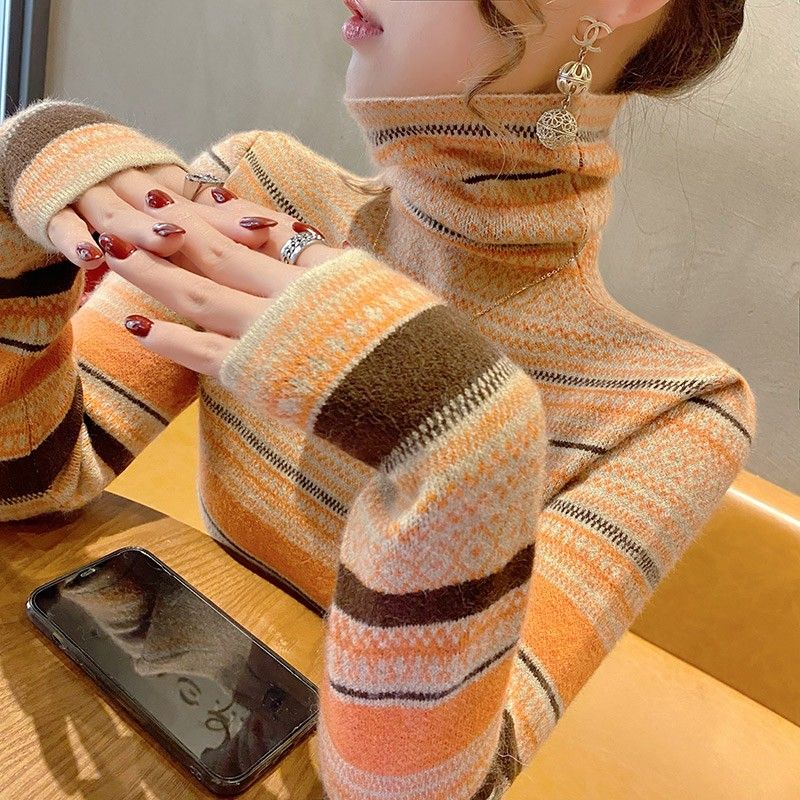 Autumn Winter 2024 Women Korean Fashion Striped High Collar Basic Knitted Sweater Vintage Elegant Long Sleeve Slim Pullover Tops
