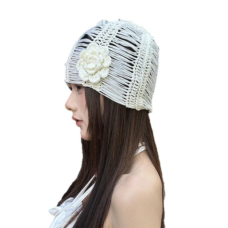Spring and Summer New Korean Retro Elegant Thin Stacked Hat Three Dimensional Flower Hollow Knitted Hat Women's Niche Face Small