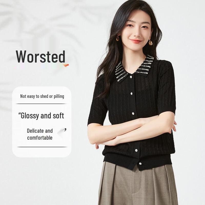 Snowforte Elegant Pearl Collar Short-Sleeve Knit Cardigan