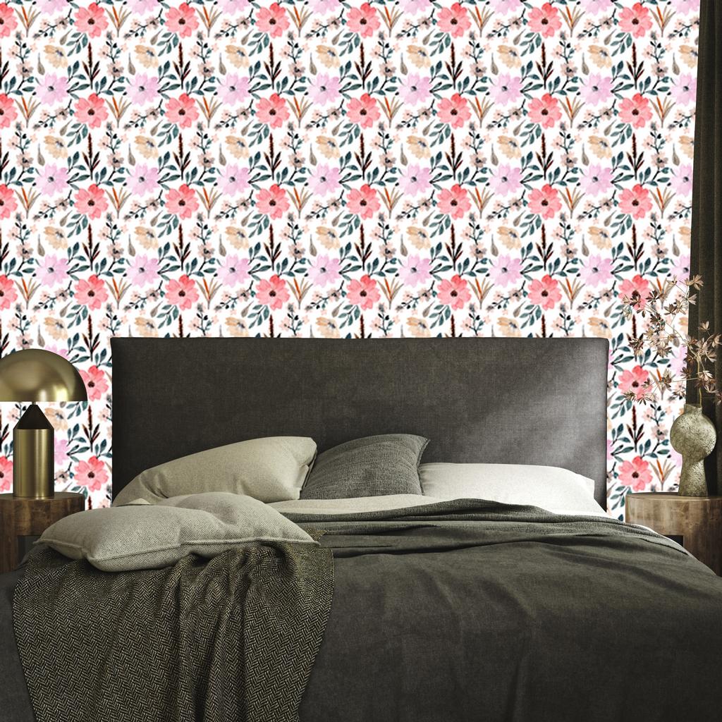 Wallpaper Flowers White, Light Gray and Coral for Living Room and Bedroom 50x1000