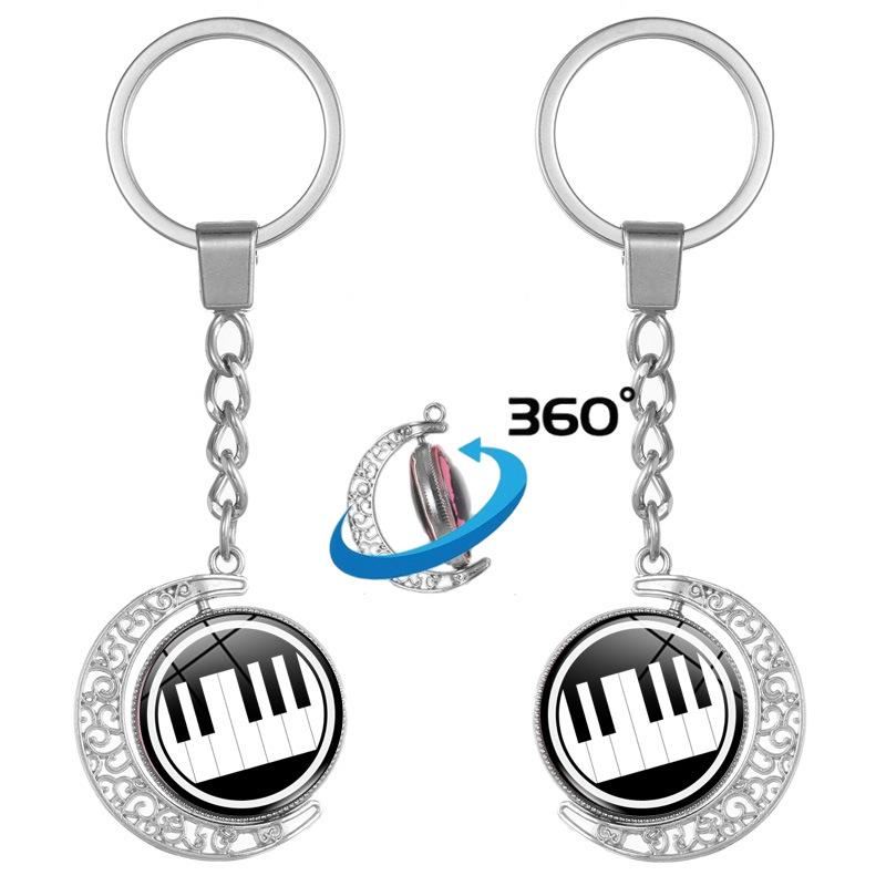 Heart-Shaped Rotating Piano Key Pendant Keychain with Gem and Musical Notes Ornament