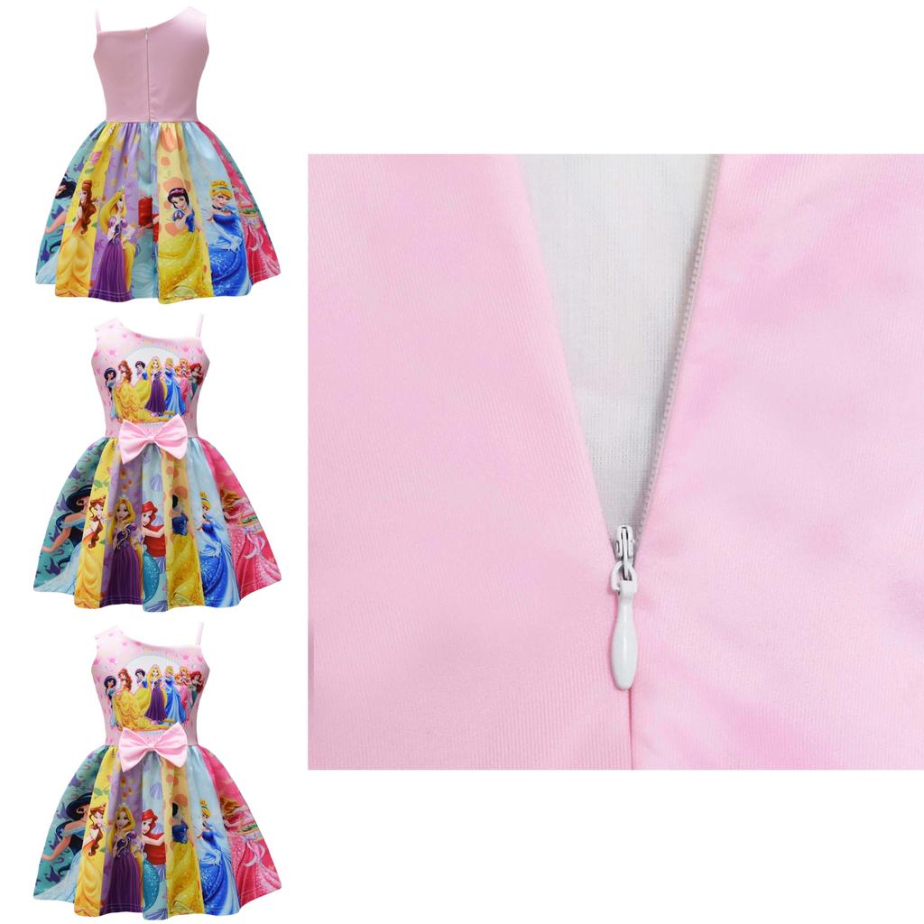 Disney Princess Girl Dress With Bow Knot Cotton Blend For Spring Summer Ages 3 To 8
