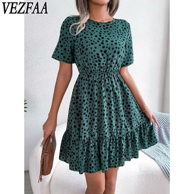 Kadın Moda Yaz Bahar Puantiyeli Baskı Kısa Kollu O-Boyun Yüksek Bel Günlük Elbiseler