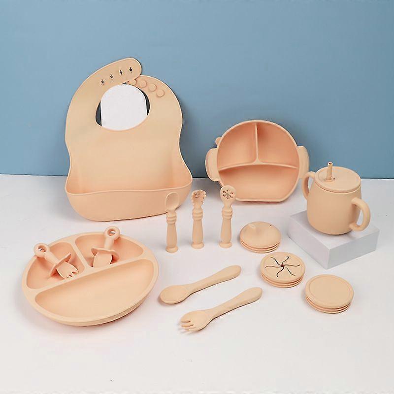 Silicone Children's Tableware Set Baby Feeding Supplementation Tableware Slipper Sucker Bowl Spoon Dinner Plate Bib 15 Piece Set