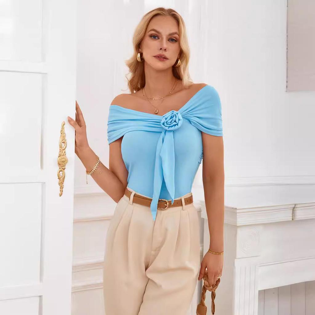 Spring Summer Casual Women'S Clothing Backless Solid Color One Shoulder Flower Decoration Sleeveless Tight Waist Collection Short Sleeved Top T-Shirt