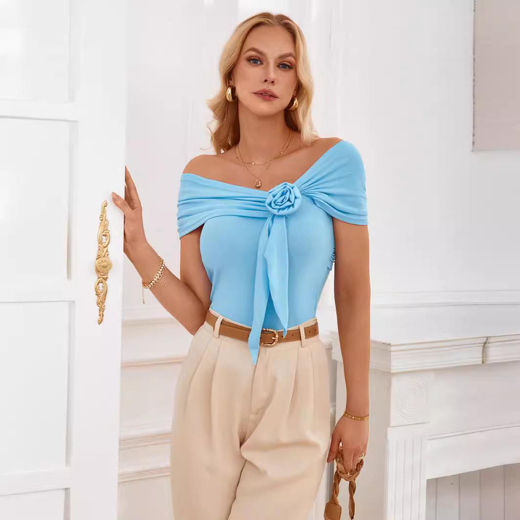 

Весна-лето Повседневная женская одежда с открытой спиной, однотонная, на одно плечо, с цветочным декором, без рукавов, обтягивающая талия, коллекция, короткий рукав, топ, футболка XL синий