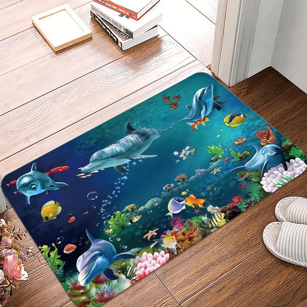 Grand Ocean Scene Door Mat with Whales Dolphins and Tropical Fish Non-slip Floor Rug for Entrance Home Decorative Mat