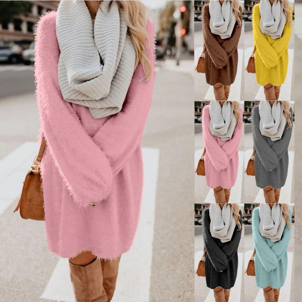 2025 Autumn Winter Women's Plush Dress Long Sleeve Round Neck Loose Mid-Length Fashion