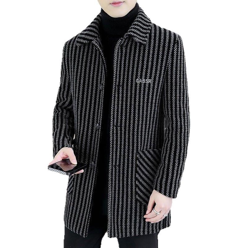 Men's Mid-Length Woolen Coat: Thickened, Striped, Warm Lapel Windbreaker