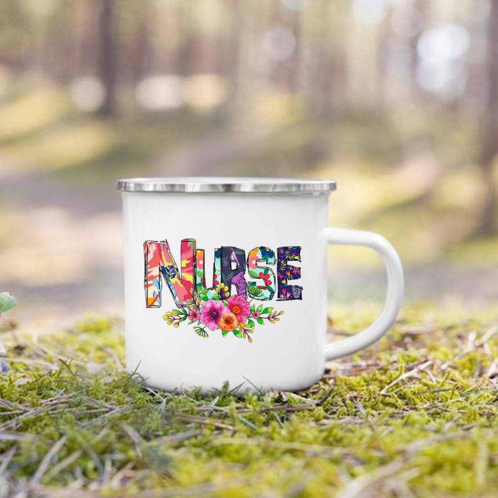 Nurse Life Print Mugs Enamel Mugs Creative Coffee Cups Drinks Dessert Breakfast Milk Cup Handle Drinkware Best Gifts for Nurse