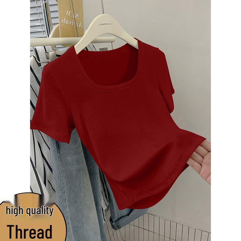 

2026 Women’s Short Sleeve Square Neck Fashionable Durable T-shirt 3XL (140-155 jin) вина червоного кольору