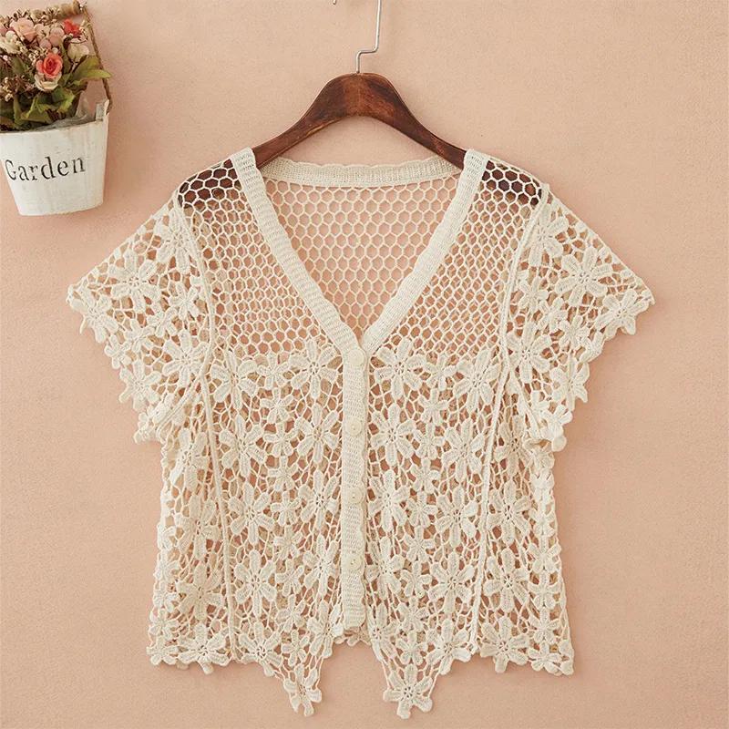 

Летний женский вязаный крючком кружевной кардиган-накидка с V-образным вырезом и коротким рукавом OneSize белый