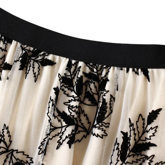 Women A-Line Skirt 3D Embroidered Leaf Print Double-Layered Mesh Tulle High Waist