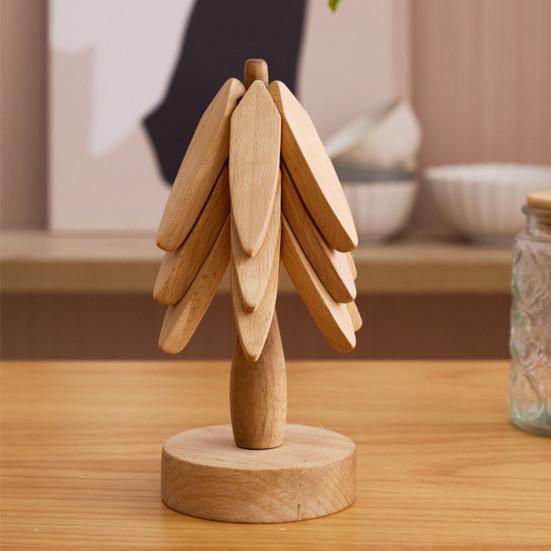 1 Set Christmas Tree Coaster with Base 3 Layers Tree Shape Wooden Trivet Anti-scald Heat Resistant Countertop Pot Pan Coffee Tea Cup Holder